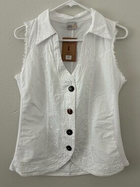 Giocam White Turquia Vest Women’s S Embroidered Boho Top Cotton Button Up NWT